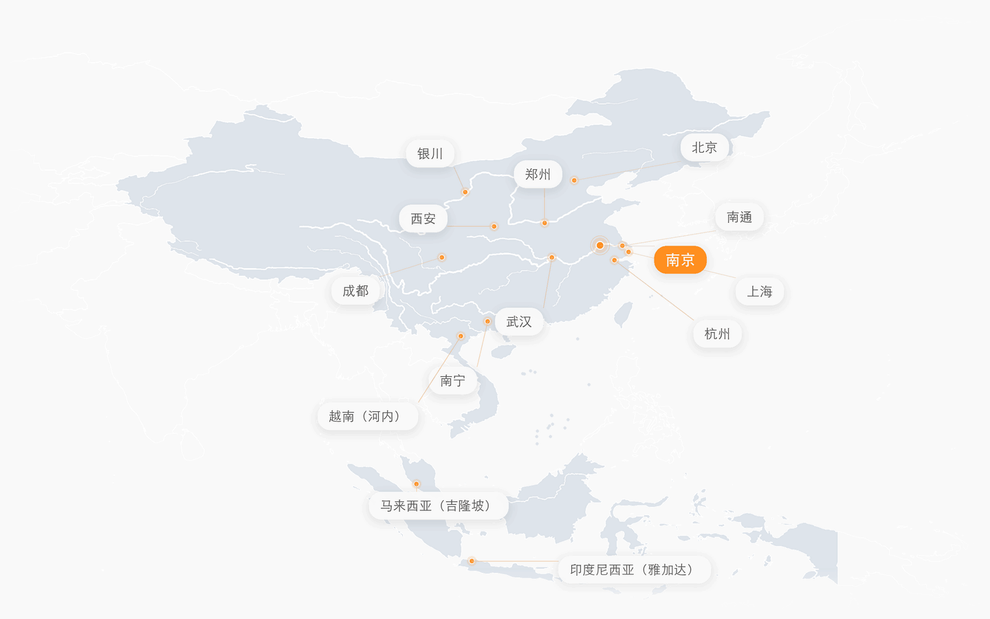 中协智能全球战略布局:南京总部、国内服务城市及越南河内、马来西亚吉隆坡、印度尼西亚雅加达